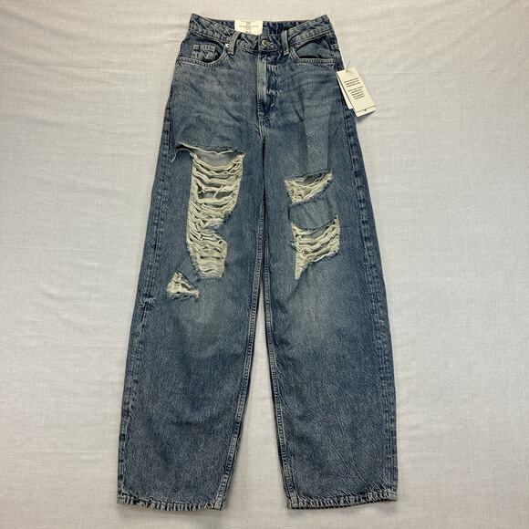 H&M Denim - & Denim H&M NEW Baggy High Waist Jeans Womens 0 Regular Fit Blue Distressed NWT